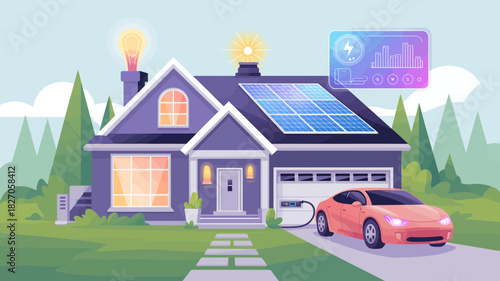 Modern house with solar panels charging an electric car and smart home technology interface