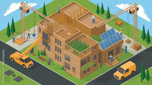 Isometric view of workers and cranes building modern houses with solar panels and green roofs