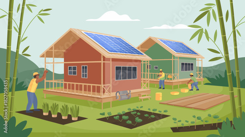 Sustainable living with solar powered homes and organic farming in a tropical bamboo forest setting