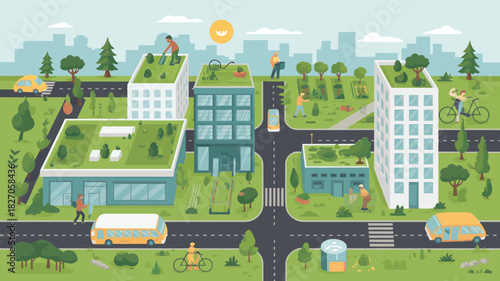 Urban city scene with green rooftops and sustainable living practices in a flat design style