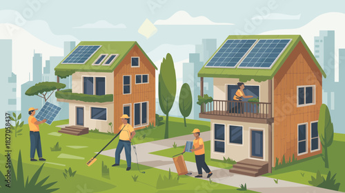 Workers install solar panels on green roof houses in a suburban neighborhood with city skyline background