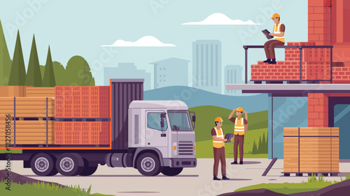 Construction workers overseeing material delivery at a building site with a truck and stacked bricks and wood