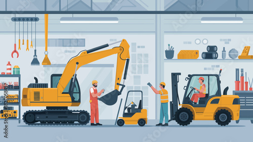 Construction workers in a repair shop servicing heavy machinery like excavators and forklifts