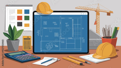 Architectural blueprint displayed on a tablet with construction tools and a crane in the background