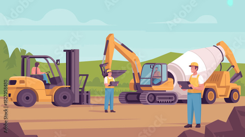 Construction site with workers excavator forklift and cement mixer under a blue sky