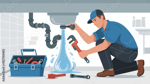 Plumber fixing leaking sink pipe with tools and water dripping down