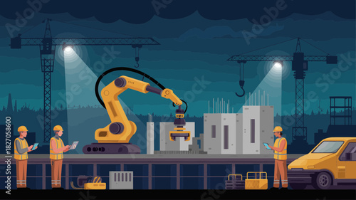 Automated construction site with robotic arm and workers overseeing progress at night