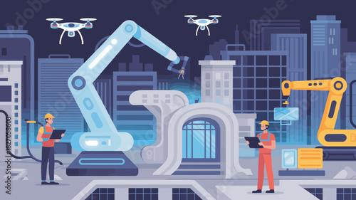 Modern construction site with robotic arms drones and workers using tablets for future city building