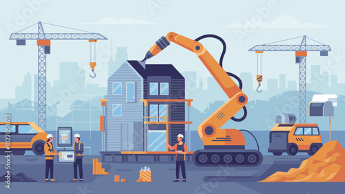 Modern house construction site with robotic arm cranes workers and equipment