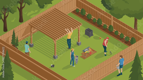 People working together in a backyard building a wooden pergola and gardening with tools and equipment