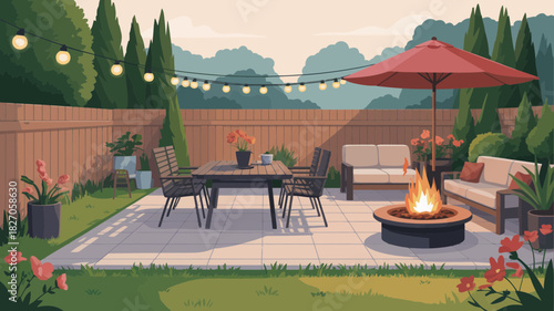 Cozy backyard patio with dining table fire pit outdoor seating and string lights