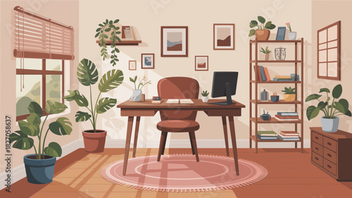 Cozy home office with a desk computer chair bookshelf and many green plants bathed in sunlight