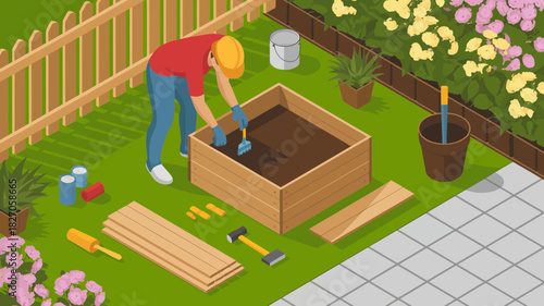 Gardener wearing a hard hat building a wooden raised garden bed with tools and soil
