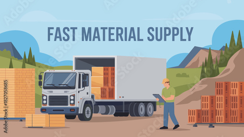 Delivery truck unloading building materials at a construction site with a worker checking inventory