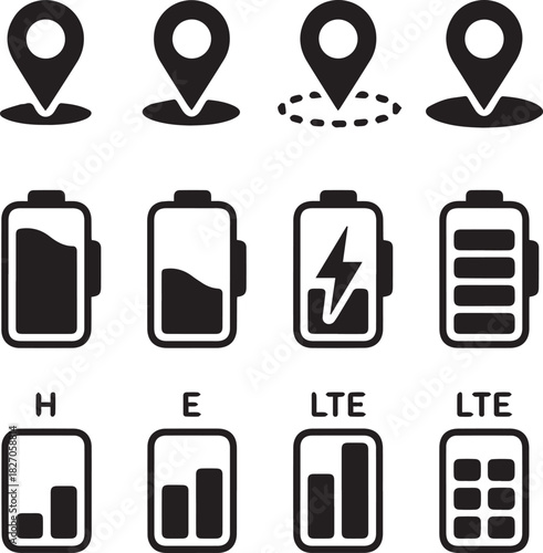 Set of black location battery and signal icons on white background location pin icon map marker