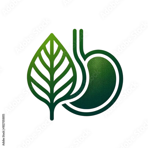 Green leaf and stomach logo symbolizing natural digestive health and wellness on white background