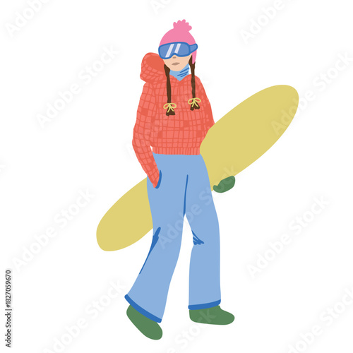 Snowboarder girl with board winter line illustration