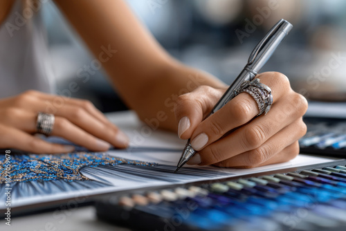 Creative artist designs intricate fashion illustration in modern studio setting