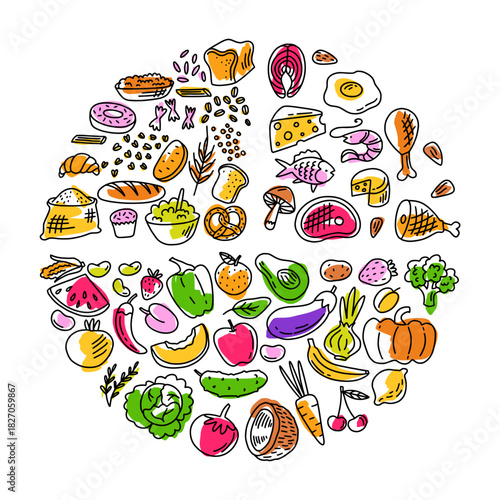 A hand-drawn doodle-style set of food items in a circle