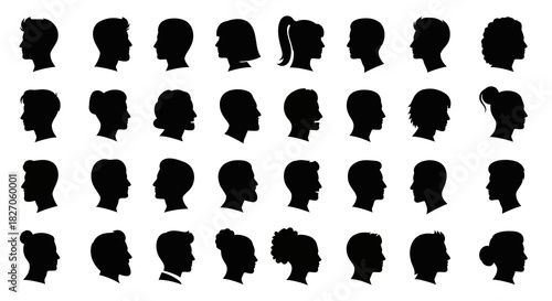 Collection of diverse human profiles and head silhouettes, representing a variety of people, genders, and hairstyles in black vector icons
