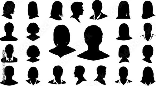 A diverse collection of human head and shoulder profile silhouettes, perfect for user avatars, placeholder graphics, or abstract representations for digital and print design
