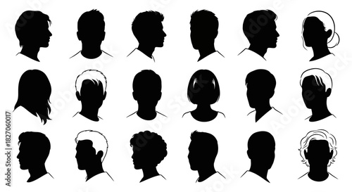 A diverse collection of black silhouette head profiles representing men, women, and various ages, suitable for avatars, user icons, or anonymous representation in digital and print media