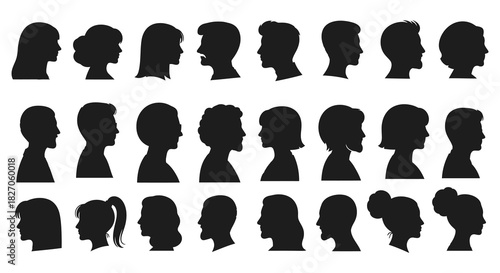 A diverse collection of anonymous human head profiles shown in black silhouette for use as avatars or graphic elements