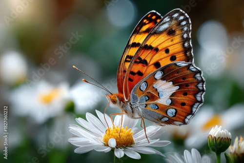Butterfly perched on a daisy with a vibrant floral backdrop in a sunny garden setting