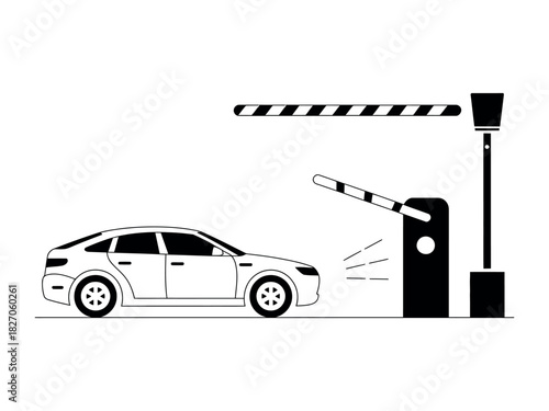 A car approaches a security barrier in an illustration.
