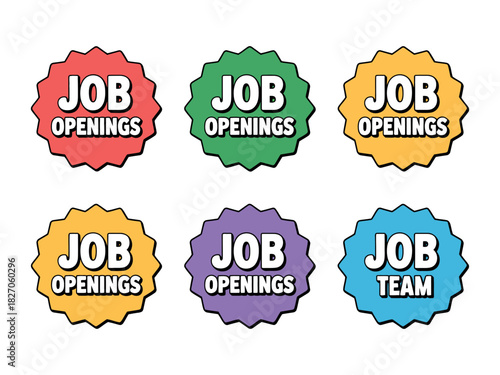 Colorful job opening notices are displayed in a grid pattern on a white background.