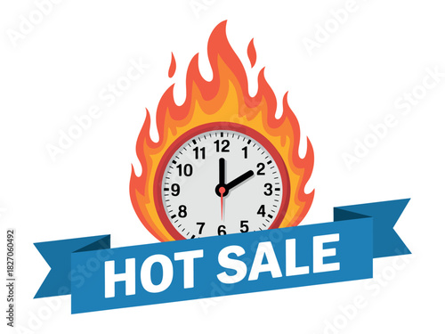 Clock on fire with a ribbon that says HOT SALE