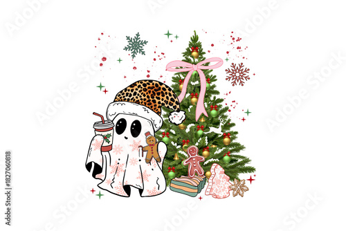 Cute Christmas Ghost with Leopard Print Santa Hat and Coffee illustration Sublimation Design