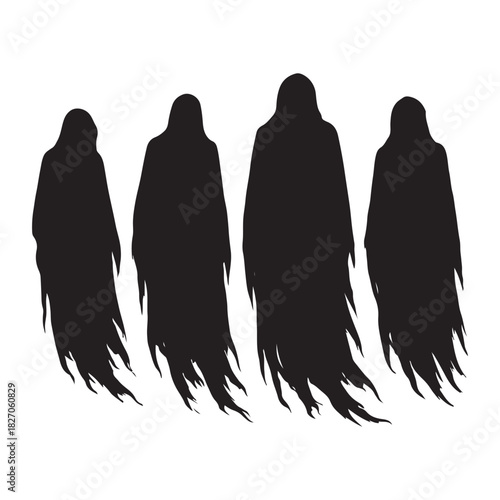 Four drifting spirits aligned in haunting formation across empty space