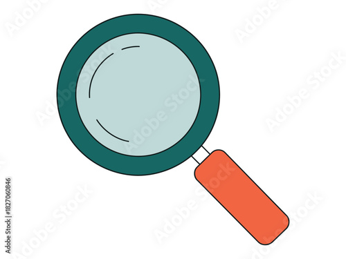 A magnifying glass with a teal frame and an orange handle is shown on a white background.