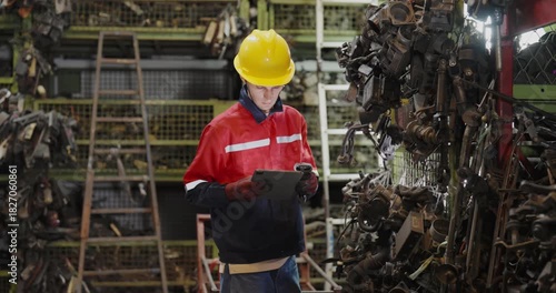 Industrial used car concept of 4k Resolution. Caucasian male employee checking merchandise in old car parts warehouse.