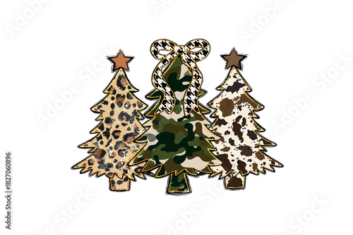 Western Christmas Trees with Leopard, Camo, and Cow Print illustration Sublimation Design