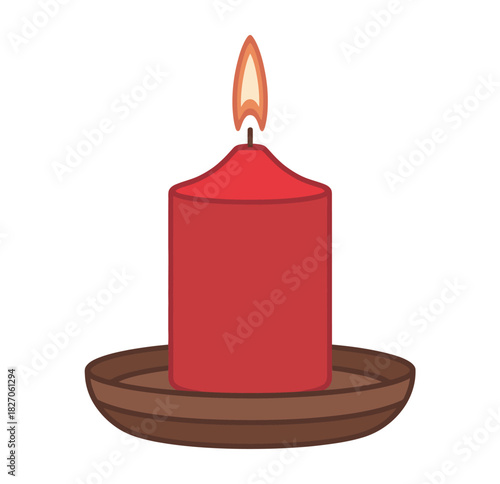 A red candle burns brightly on a dark saucer, casting a warm glow.