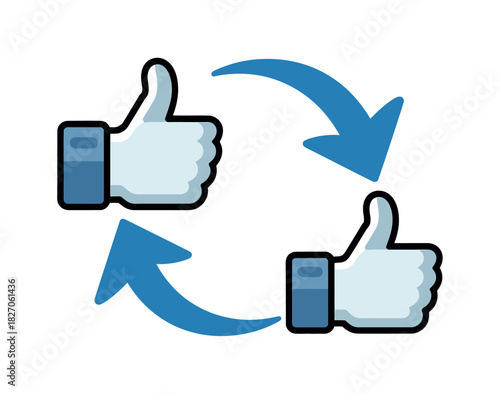Two thumbs up symbols with circular arrows indicating a reciprocal exchange of approval.