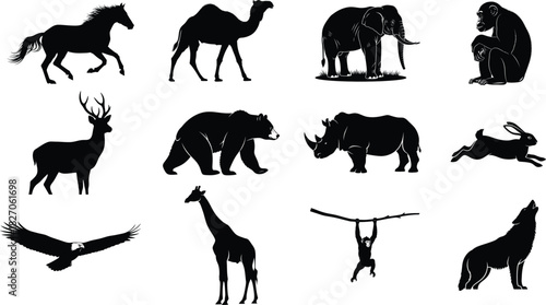 Black Animal Silhouettes Collection Isolated on White Background