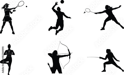 Sports People Silhouette Set in Action Poses Isolated on White Background