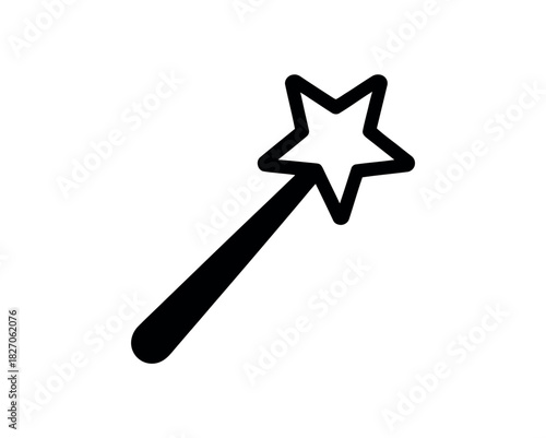A simple black outline of a star-tipped magic wand is shown against a white background.