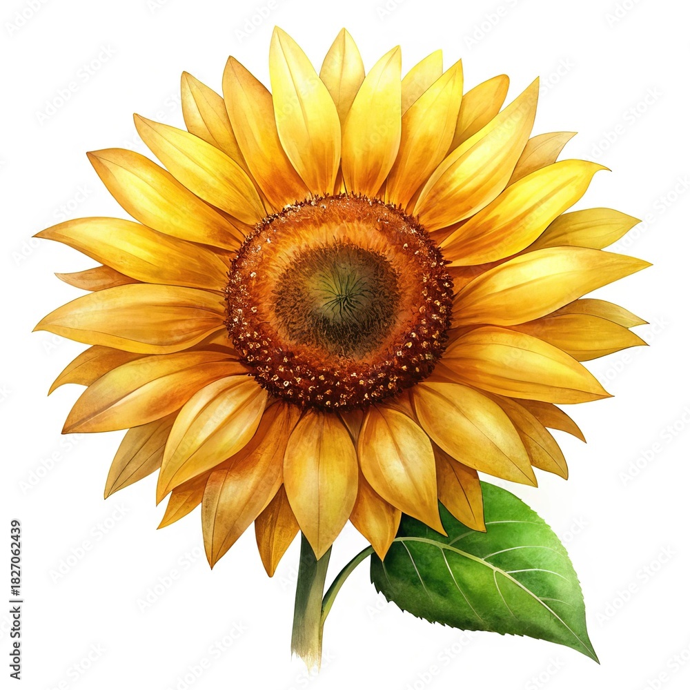 Naklejka premium Watercolor Sunflower Painting with Green Leaf on Isolated White Background