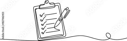 Continuous line art drawing of a clipboard with a checked task list and a pen, symbolizing successful completion or efficient planning goals Vector, illustration
