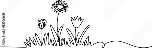 Minimalist continuous line art drawing of a spring meadow with three blooming flowers and winding grass, simple abstract nature illustration Vector, illustration