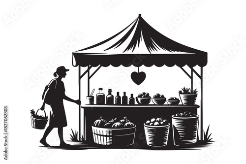 Farmer s market stall with shopper and fresh produce