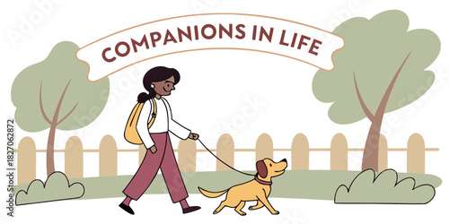 Mother and child walking dog with “Companions in Life”