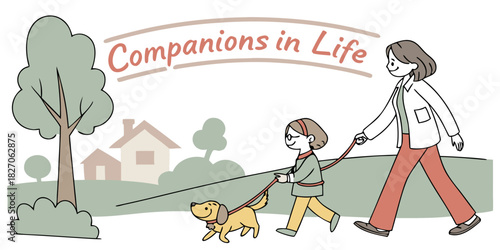 Companions in Life – Minimalist Line Art of Mother and Child Walking Dog in Heartwarming Family Scene