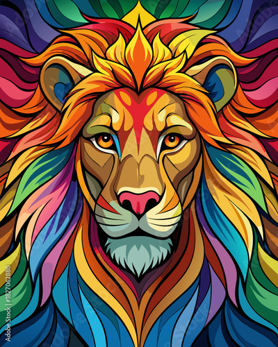 Lion real,Stained Glass Style , rainbow color