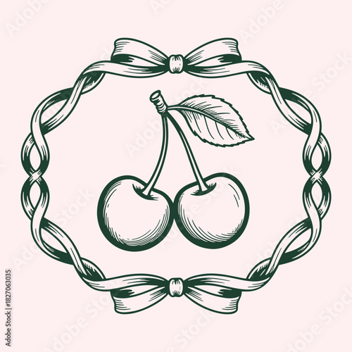 Dark green line art cherries with leaf inside a decorative ribbon frame on a pale pink background cherry