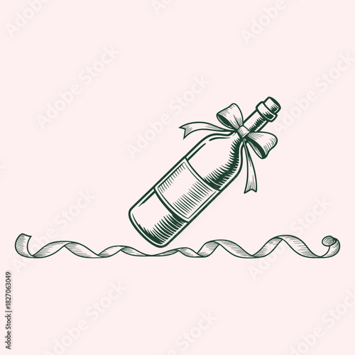 Green ink drawing of a bottle with a bow and ribbon on a pale pink background wine bottle champagne bottle